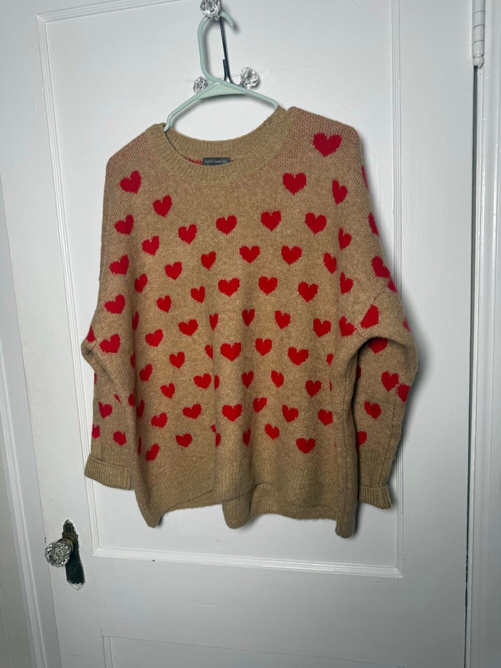Vince Camuto Brown Red Heart Oversized Crewneck Cozy Cute Sweater XL